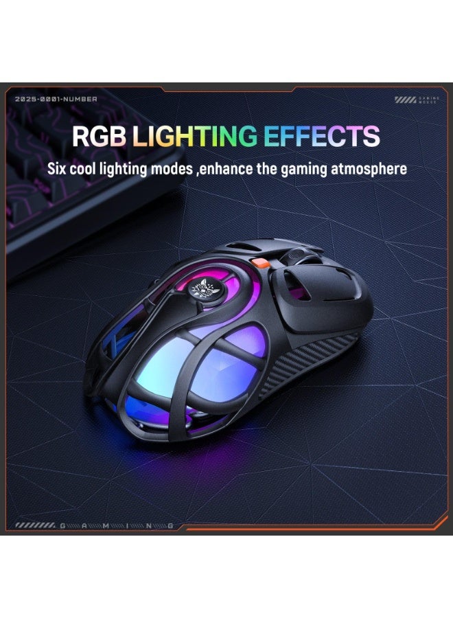 أونيكوما ماوس الألعاب DM02 ثلاثي الأوضاع بإضاءة RGB، يدعم الاتصال اللاسلكي بتردد 2.4 جيجاهرتز، والبلوتوث، والاتصال السلكي، بتصميم خفيف الوزن على شكل خلية نحل، ودقة DPI قابلة للتعديل بستة مستويات تصل إلى 12800، ومعدل استجابة فائق السرعة 1000 هرتز، وشكل مريح لألعاب الكمبيوتر. - Image 5